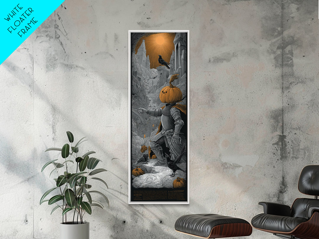 The Pumpkin Paladin, Gothic Engraving Art, Tall Narrow Wall Art, Dark Halloween Decor, Canvas Print, Halloween Wall Art