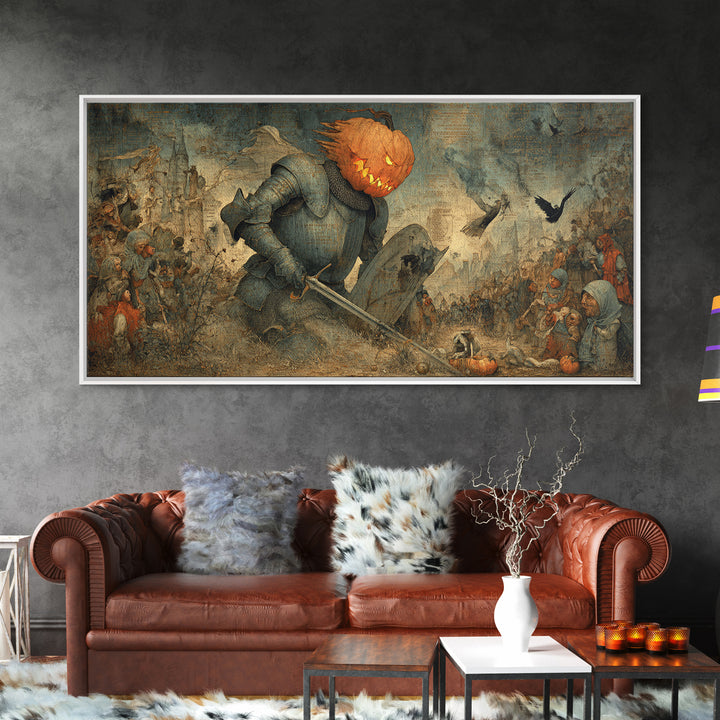 The Pumpkin Paladin, Northern Renaissance Horror, Wide Panoramic Art, Macabre Wall Art, Framed Canvas Print, Halloween Wall Art