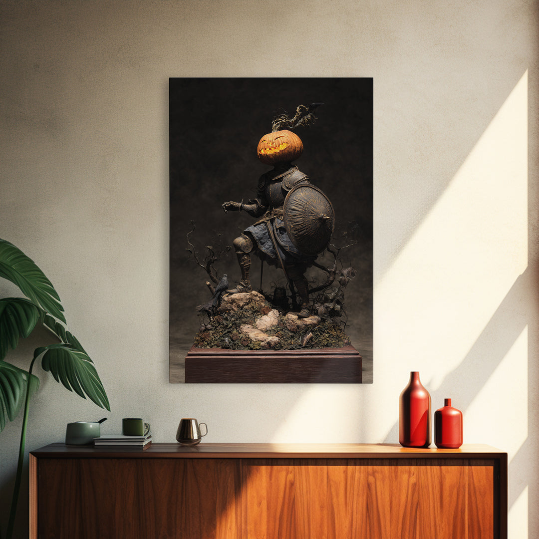 The Pumpkin Paladin, Baroque Witchcraft Art, Vertical Wall Art, Macabre Wall Art, Framed Canvas Print, Halloween Wall Art