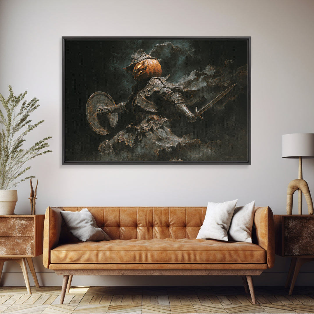 The Pumpkin Paladin, Dark Romantic Horror Art, Landscape Wall Art, Dark Fantasy Wall Art, Framed Canvas Print, Halloween Wall Art
