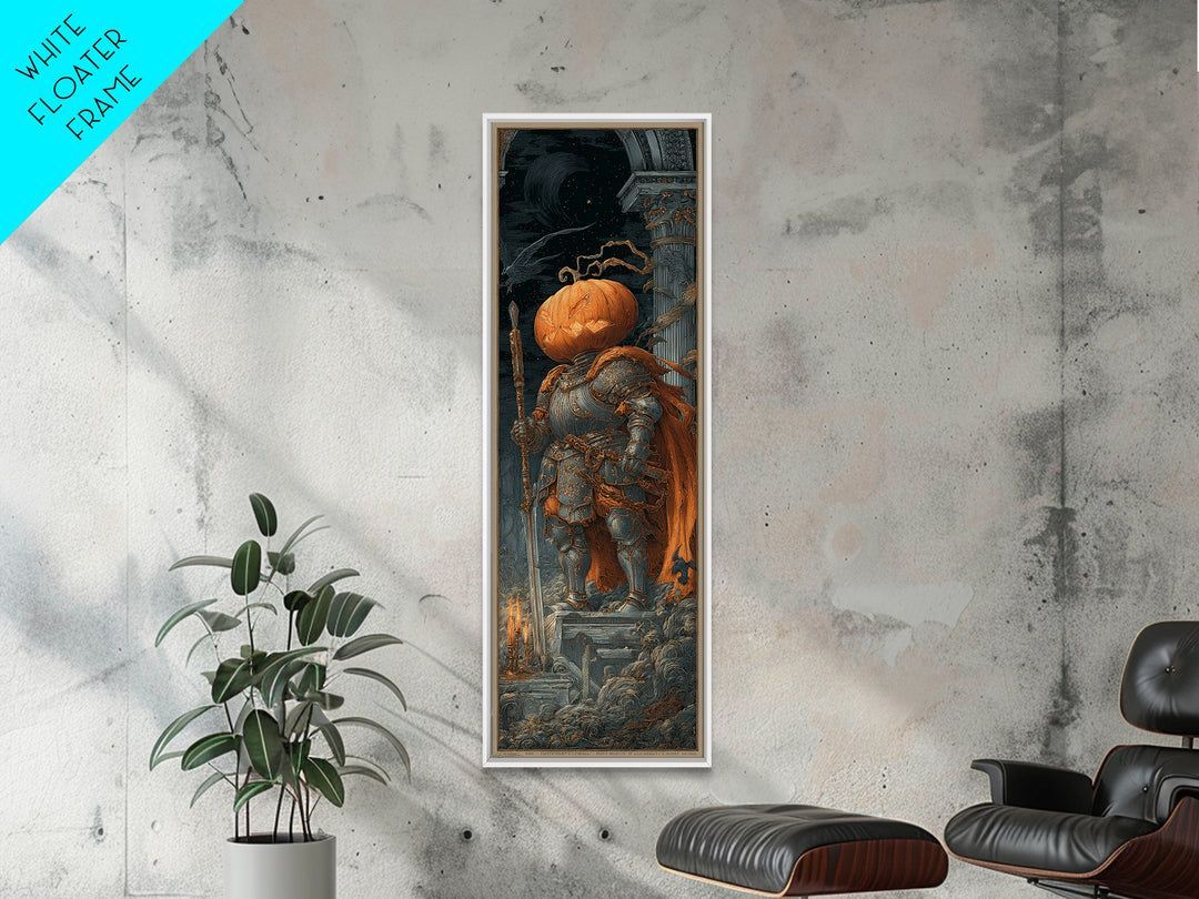 The Pumpkin Paladin, Architectural Etching Art, Tall Narrow Wall Art, Macabre Wall Art, Framed Canvas Print, Halloween Decor