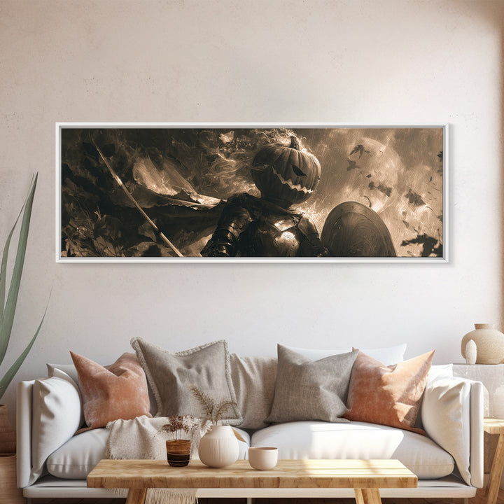 The Pumpkin Paladin, Symbolist Dream Art, Extra Wide Wall Art, Macabre Wall Art, Framed Canvas Print, Halloween Wall Art