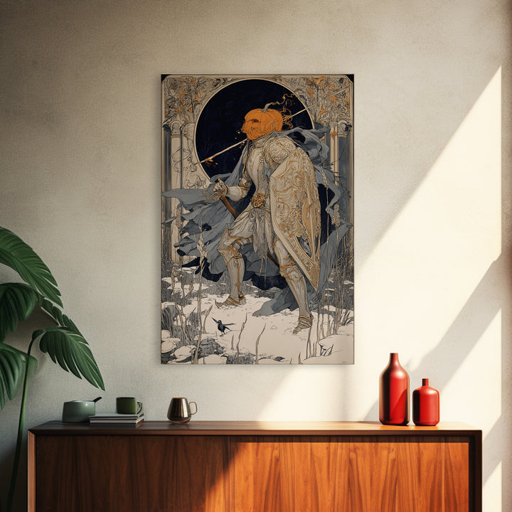 The Pumpkin Paladin, Symbolist Death Art, Vertical Wall Art, Gothic Horror Wall Art, Canvas Print, Halloween Wall Art