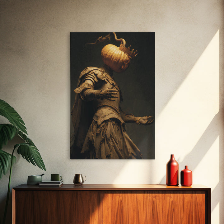 The Pumpkin Paladin, Dark Symbolist Art, Vertical Wall Art, Dark Fantasy Wall Art, Framed Canvas Print, Halloween Wall Art