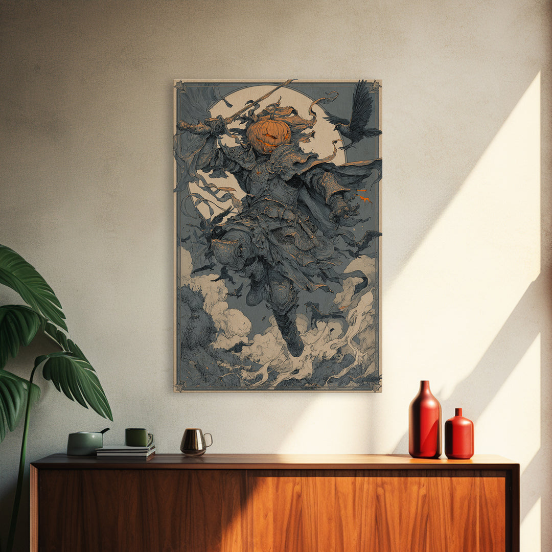 The Pumpkin Paladin, Symbolist Etching Art, Vertical Wall Art, Macabre Wall Art, Canvas Print, Halloween Wall Art, Seasonal Home Decor
