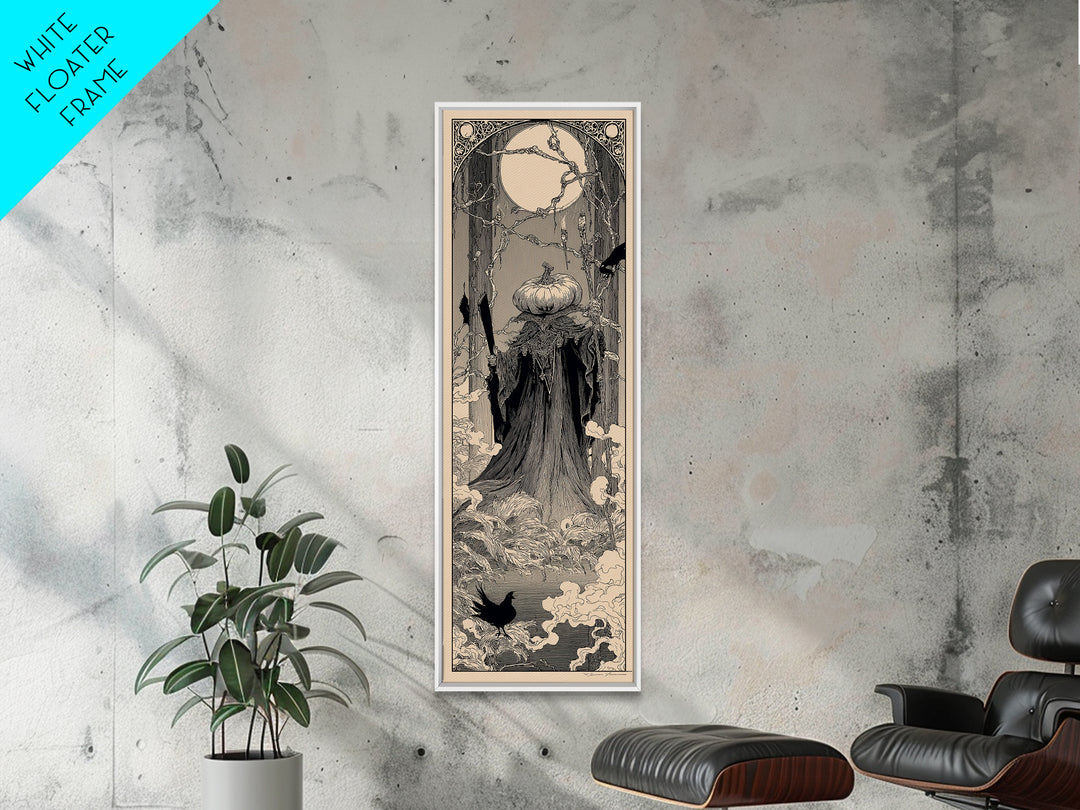 The Pumpkin Paladin, Decadent Line Art, Tall Narrow Wall Art, Gothic Horror Wall Art, Framed Canvas Print, Halloween Wall Art