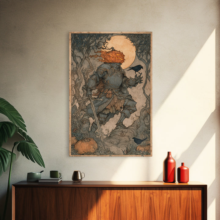 The Pumpkin Paladin, Gothic Storybook Art, Vertical Wall Art, Gothic Horror Wall Art, Canvas Print, Halloween Wall Art