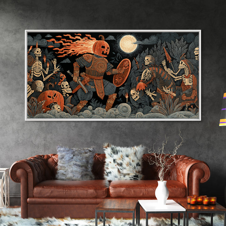 The Pumpkin Paladin, Macabre Folk Print Art, Wide Panoramic Art, Macabre Wall Art, Framed Canvas Print, Halloween Wall Art