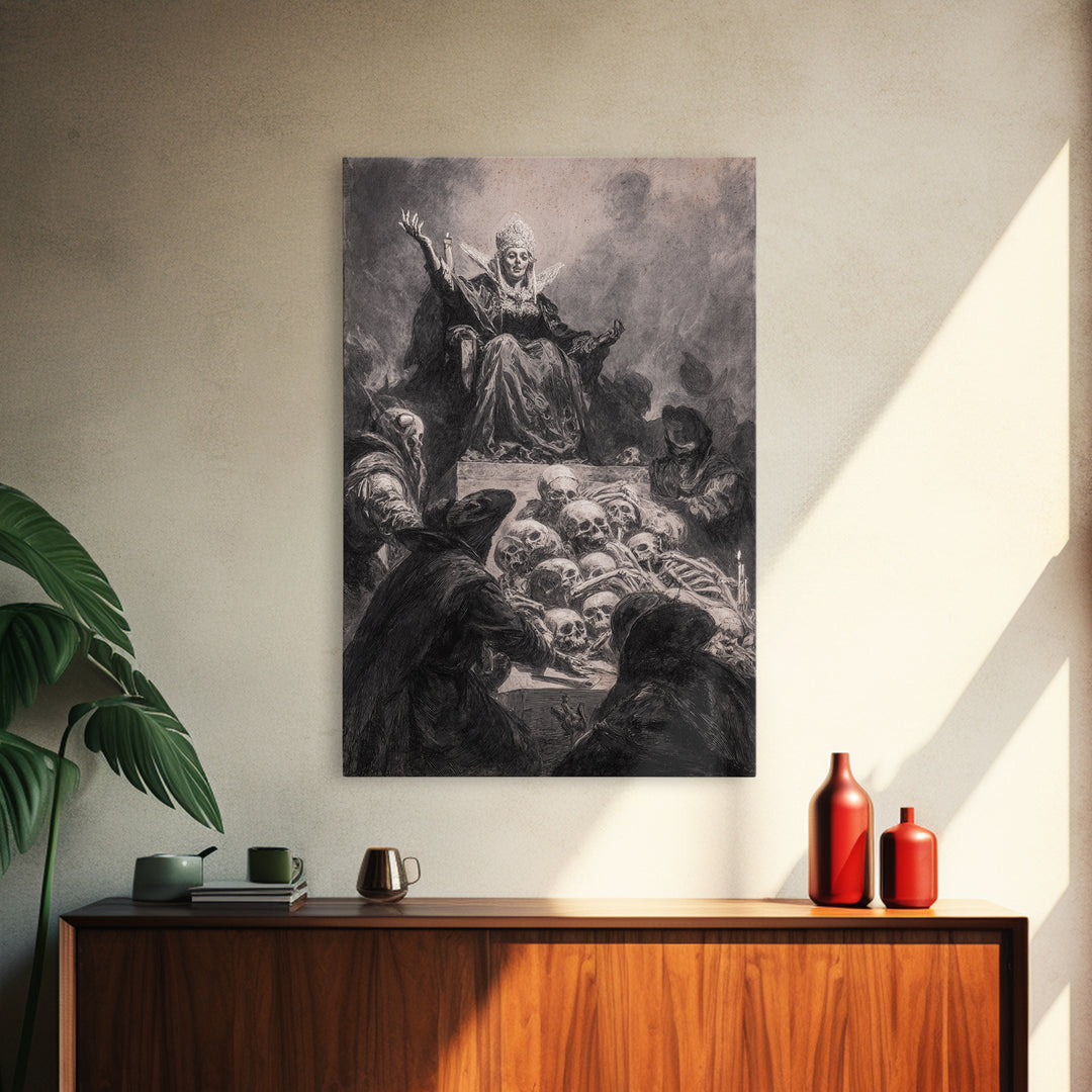 The Necromancer Queen, Dark Romantic Horror Art, Vertical Wall Art, Macabre Wall Art, Framed Canvas Print, Halloween Wall Art