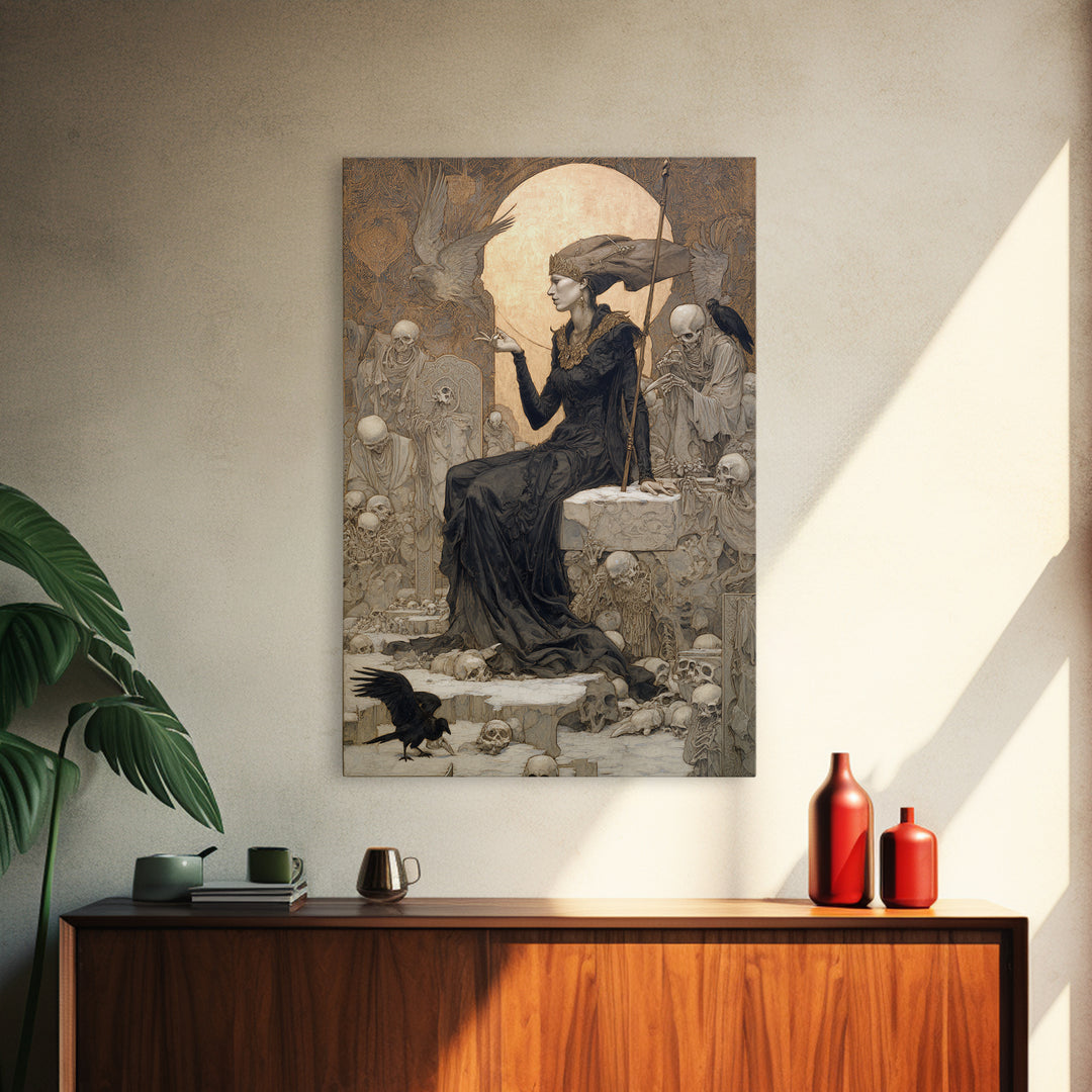 The Necromancer Queen, Symbolist Death Art, Vertical Wall Art, Dark Halloween Decor, Framed Canvas Print, Halloween Wall Art