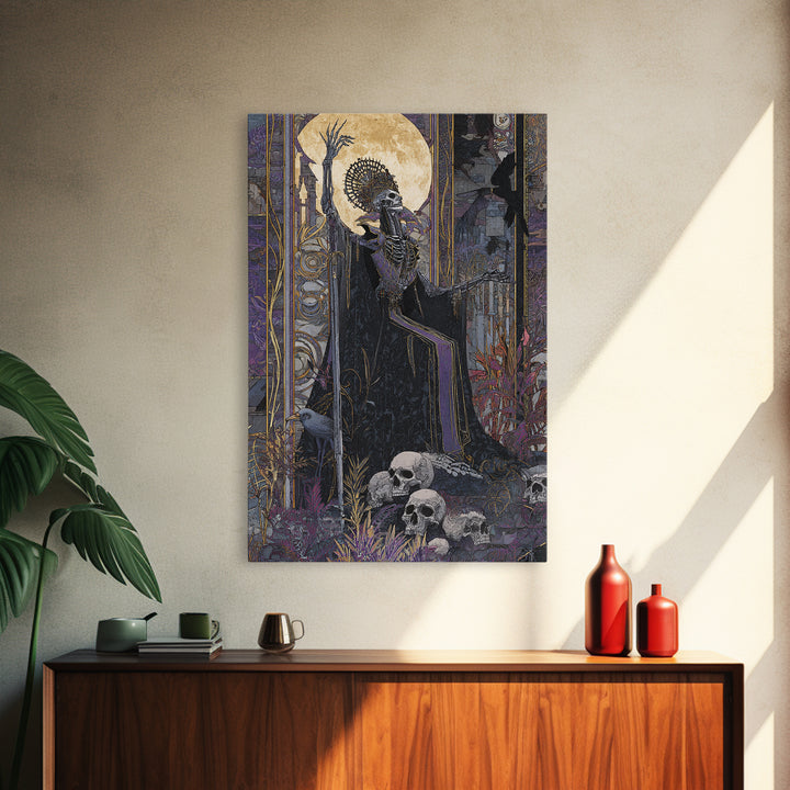 The Necromancer Queen, Stained Glass Gothic Art, Vertical Wall Art, Dark Halloween Decor, Framed Canvas Print, Halloween Wall Art