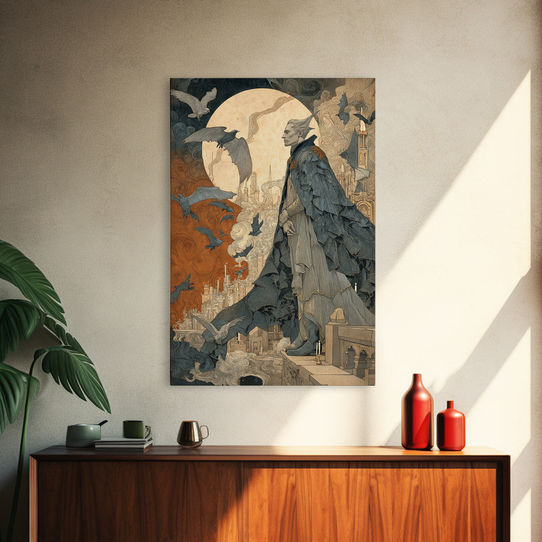 The Bat Prince, Symbolist Etching Art, Vertical Wall Art, Gothic Horror Wall Art, Canvas Print, Halloween Wall Art, Seasonal Home Decor