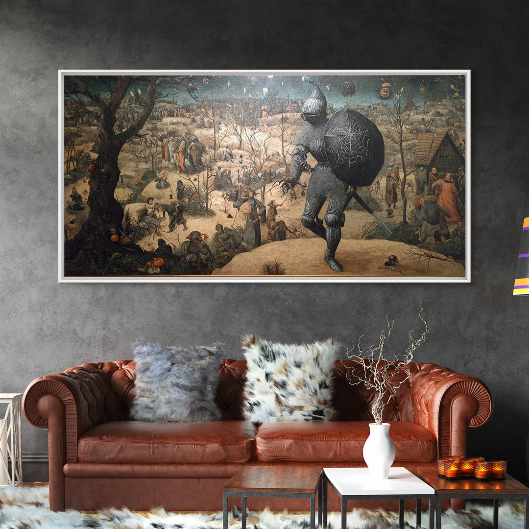 The Spider Knight, Northern Renaissance Horror, Wide Panoramic Art, Macabre Wall Art, Canvas Print, Halloween Wall Art