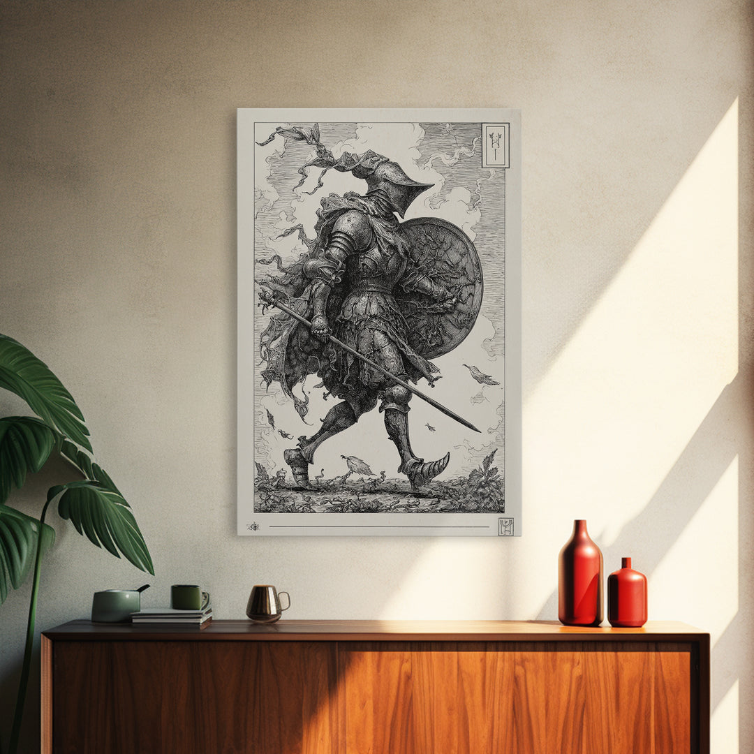 The Spider Knight, Renaissance Engraving Art, Vertical Wall Art, Macabre Wall Art, Canvas Print, Halloween Wall Art, Spooky Wall Decor