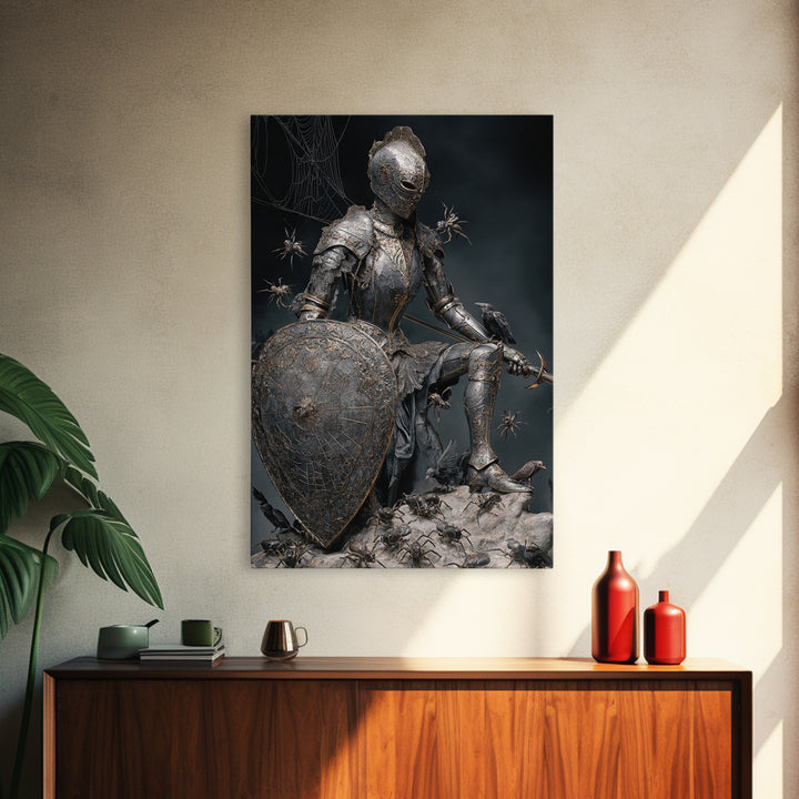 The Spider Knight, Visionary Gothic Art, Vertical Wall Art, Dark Halloween Decor, Framed Canvas Print, Halloween Wall Art