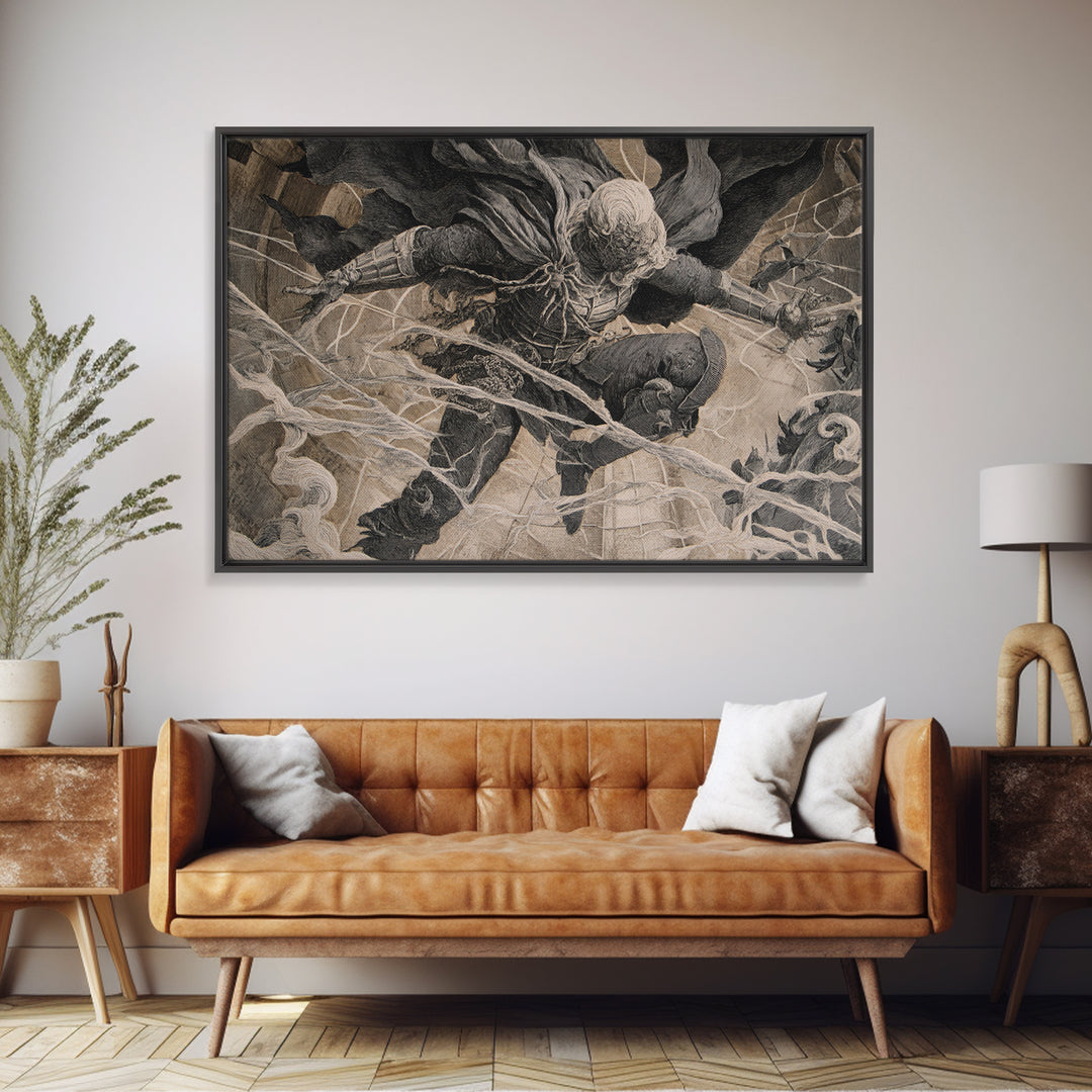 The Spider Knight, Architectural Etching Art, Landscape Wall Art, Macabre Wall Art, Framed Canvas Print, Halloween Wall Art