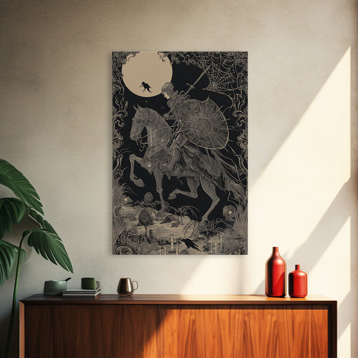 The Spider Knight, Decadent Line Art, Vertical Wall Art, Macabre Wall Art, Framed Canvas Print, Halloween Wall Art