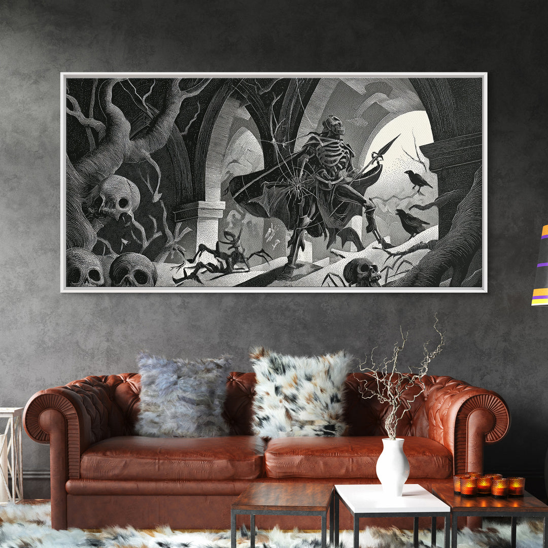 The Spider Knight, Macabre Folk Print Art, Wide Panoramic Art, Gothic Horror Wall Art, Framed Canvas Print, Halloween Wall Art
