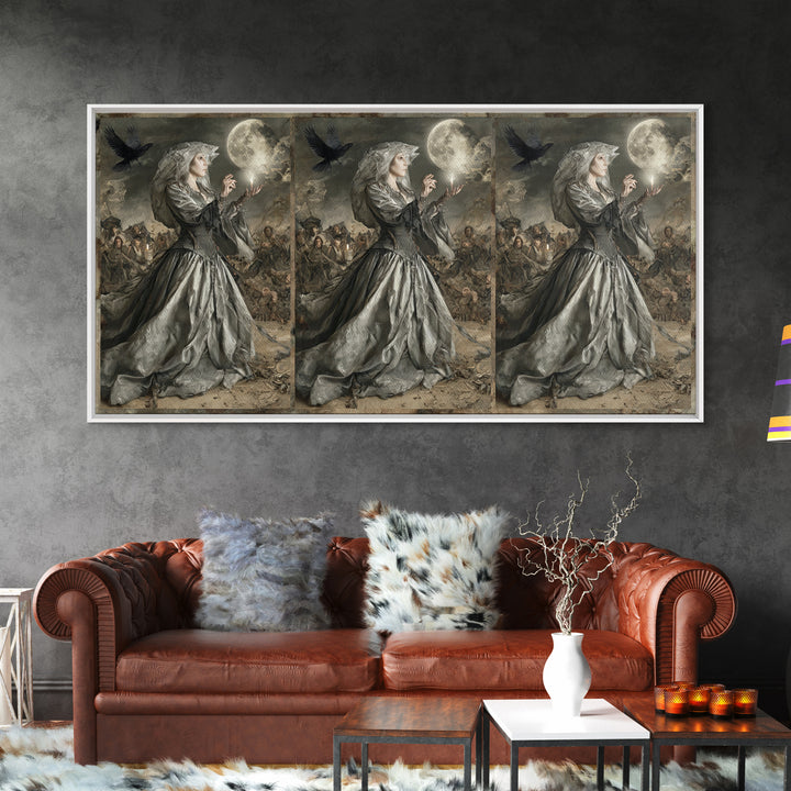 The Moon Priestess, Northern Renaissance Horror, Wide Panoramic Art, Macabre Wall Art, Framed Canvas Print, Halloween Wall Art
