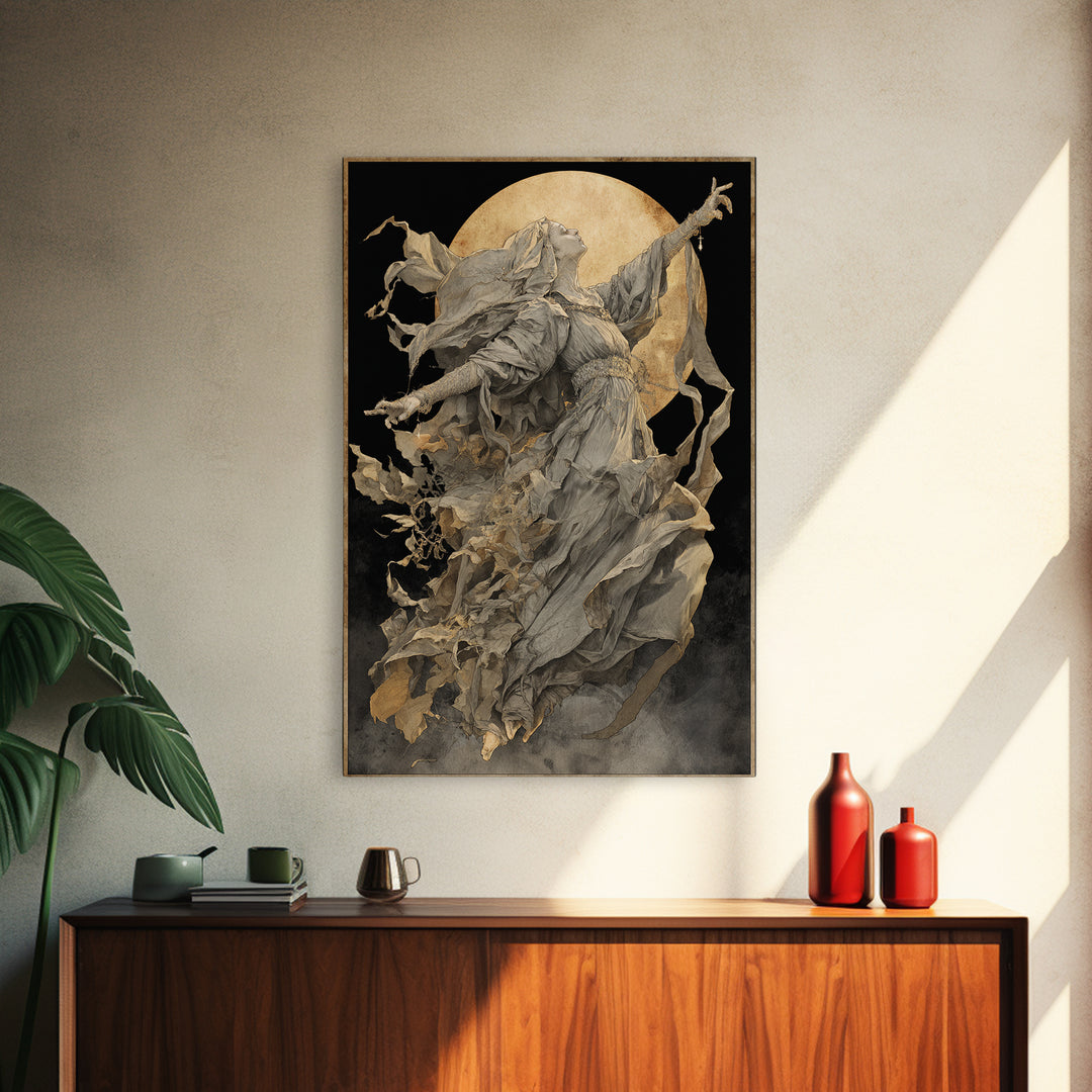 The Moon Priestess, Dark Renaissance Art, Vertical Wall Art, Dark Halloween Decor, Canvas Print, Halloween Wall Art