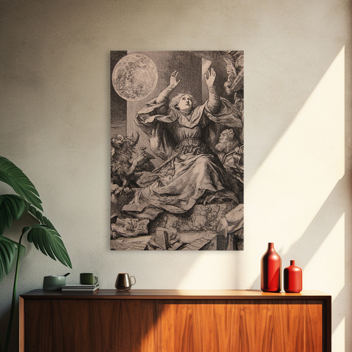 The Moon Priestess, Renaissance Engraving Art, Vertical Wall Art, Macabre Wall Art, Framed Canvas Print, Halloween Wall Art