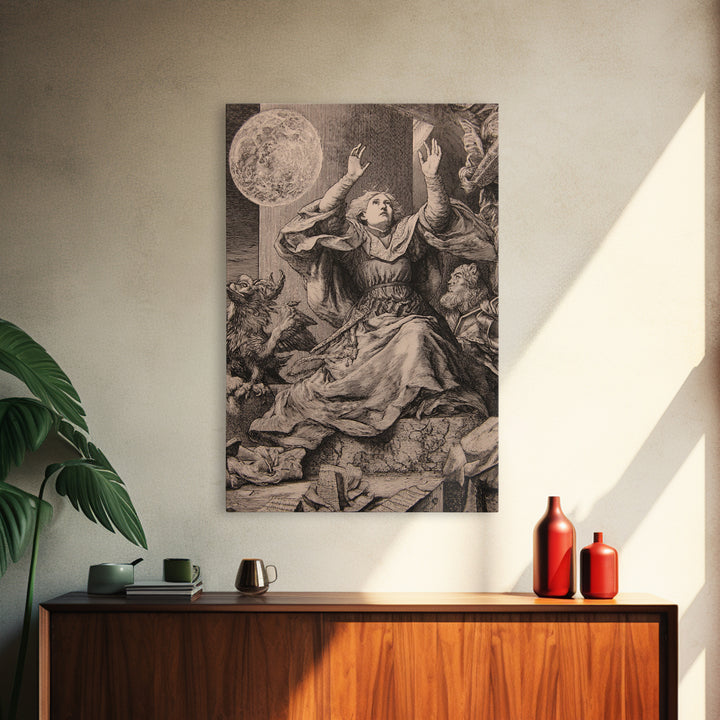The Moon Priestess, Renaissance Engraving Art, Vertical Wall Art, Macabre Wall Art, Framed Canvas Print, Halloween Wall Art