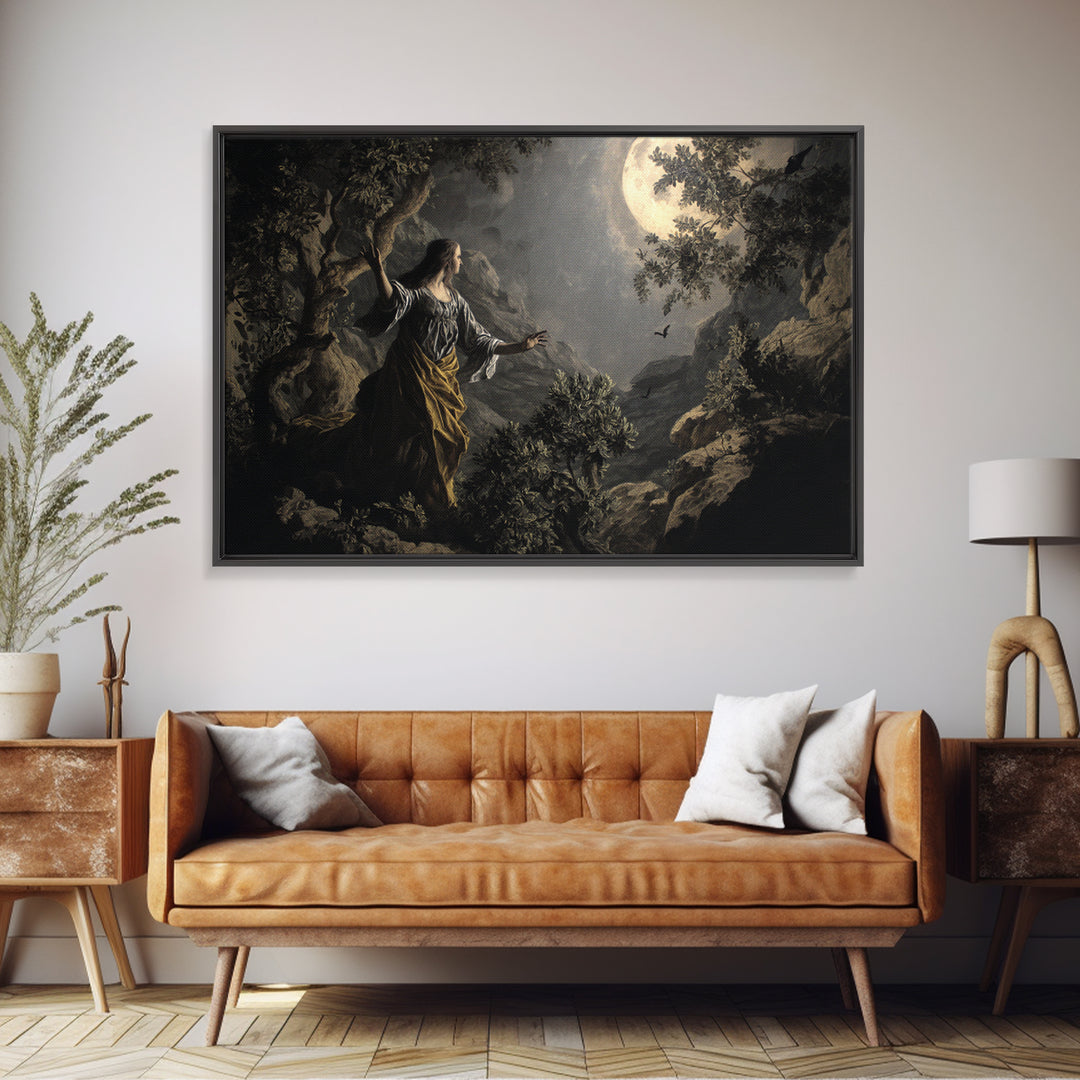 The Moon Priestess, Baroque Witchcraft Art, Landscape Wall Art, Dark Fantasy Wall Art, Framed Canvas Print, Halloween Wall Art