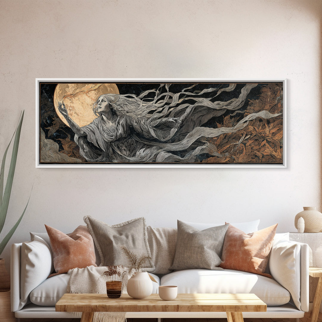 The Moon Priestess, Visionary Gothic Art, Extra Wide Wall Art, Dark Fantasy Wall Art, Framed Canvas Print, Halloween Wall Art