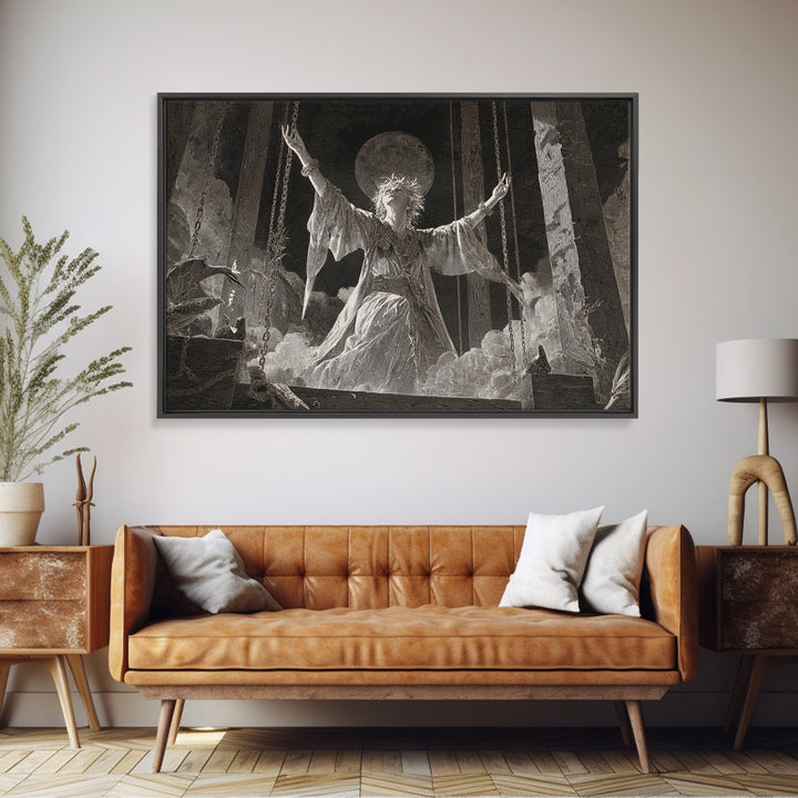 The Moon Priestess, Architectural Etching Art, Landscape Wall Art, Dark Fantasy Wall Art, Canvas Print, Halloween Wall Art