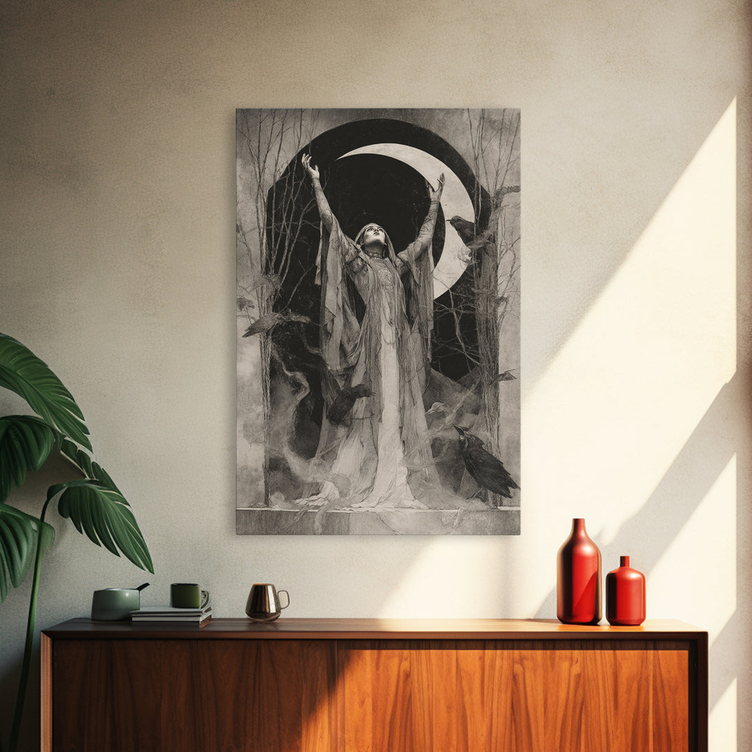 The Moon Priestess, Symbolist Dream Art, Vertical Wall Art, Macabre Wall Art, Framed Canvas Print, Halloween Wall Art