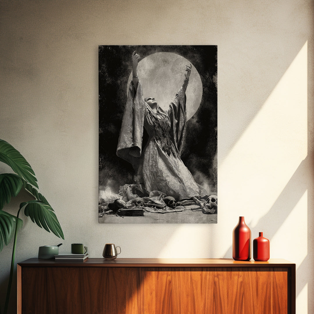 The Moon Priestess, Decadent Gothic Art, Vertical Wall Art, Gothic Horror Wall Art, Framed Canvas Print, Halloween Wall Art