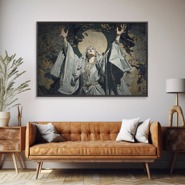 The Moon Priestess, Symbolist Etching Art, Landscape Wall Art, Dark Halloween Decor, Canvas Print, Halloween Wall Art