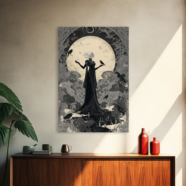 The Moon Priestess, Decadent Line Art, Vertical Wall Art, Gothic Horror Wall Art, Framed Canvas Print, Halloween Wall Art