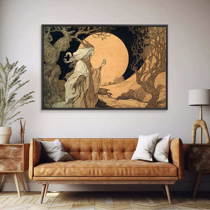 The Moon Priestess, Gothic Storybook Art, Landscape Wall Art, Macabre Wall Art, Framed Canvas Print, Halloween Wall Art