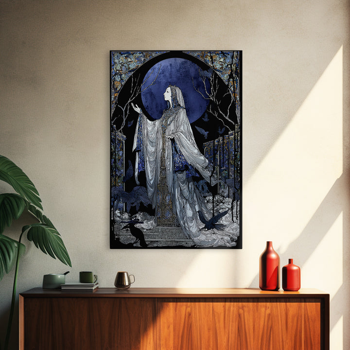 The Moon Priestess, Stained Glass Gothic Art, Vertical Wall Art, Macabre Wall Art, Framed Canvas Print, Halloween Wall Art