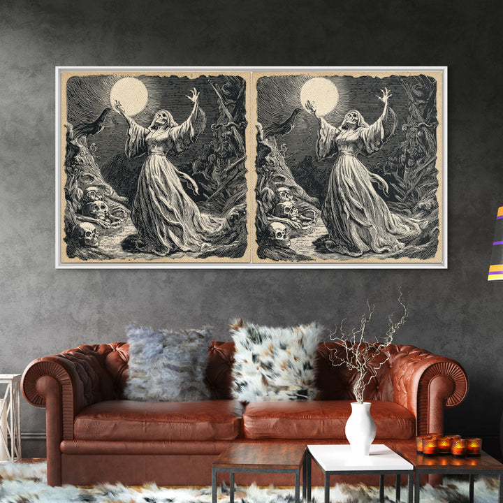 The Moon Priestess, Macabre Folk Print Art, Wide Panoramic Art, Macabre Wall Art, Canvas Print, Halloween Wall Art