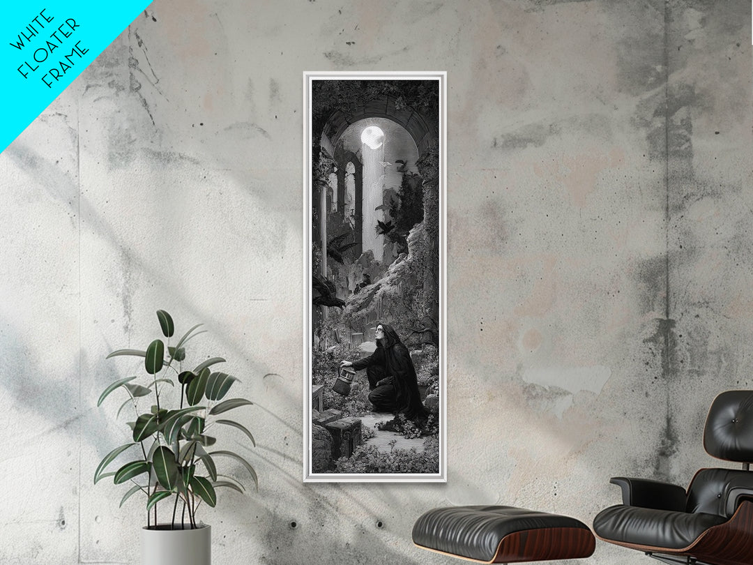 The Graveyard Gardener, Gothic Engraving Art, Tall Narrow Wall Art, Macabre Wall Art, Framed Canvas Print, Halloween Wall Art