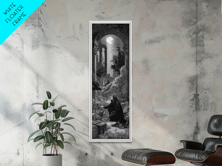 The Graveyard Gardener, Gothic Engraving Art, Tall Narrow Wall Art, Macabre Wall Art, Framed Canvas Print, Halloween Wall Art