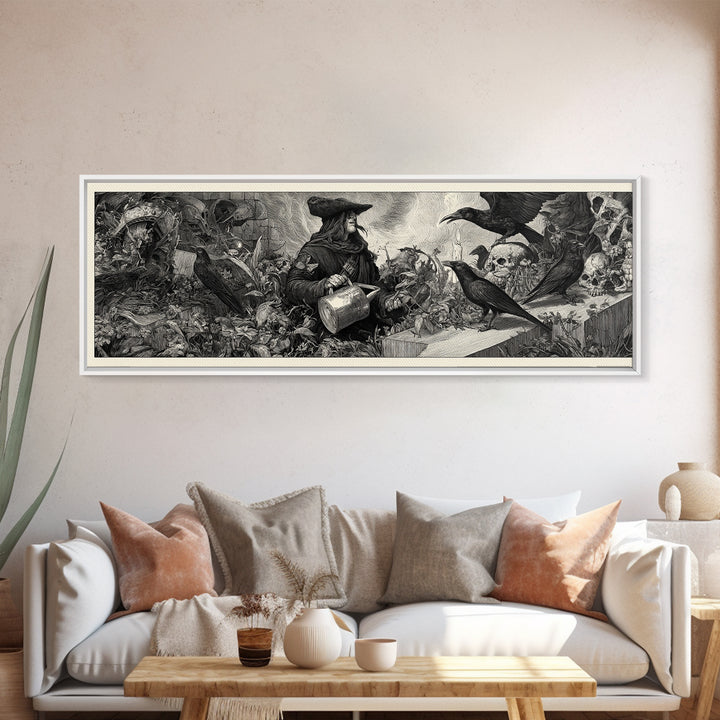 The Graveyard Gardener, Renaissance Engraving Art, Extra Wide Wall Art, Gothic Horror Wall Art, Canvas Print, Halloween Wall Art