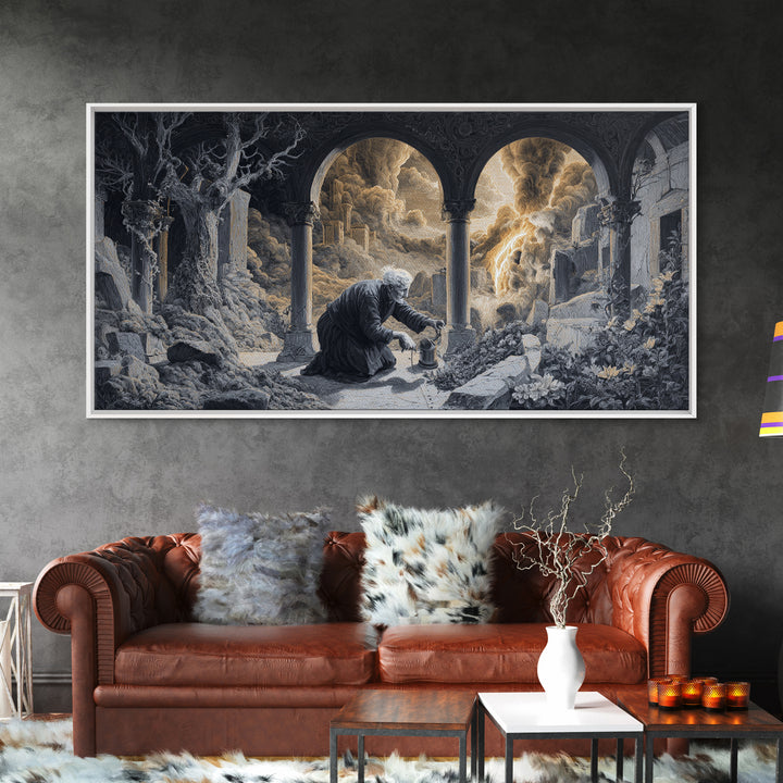 The Graveyard Gardener, Apocalyptic Romantic Art, Wide Panoramic Art, Dark Fantasy Wall Art, Framed Canvas Print, Halloween Wall Art