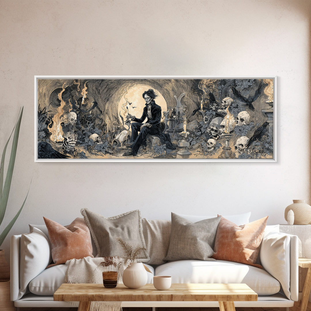 The Graveyard Gardener, Decadent Gothic Art, Extra Wide Wall Art, Dark Halloween Decor, Framed Canvas Print, Halloween Wall Art