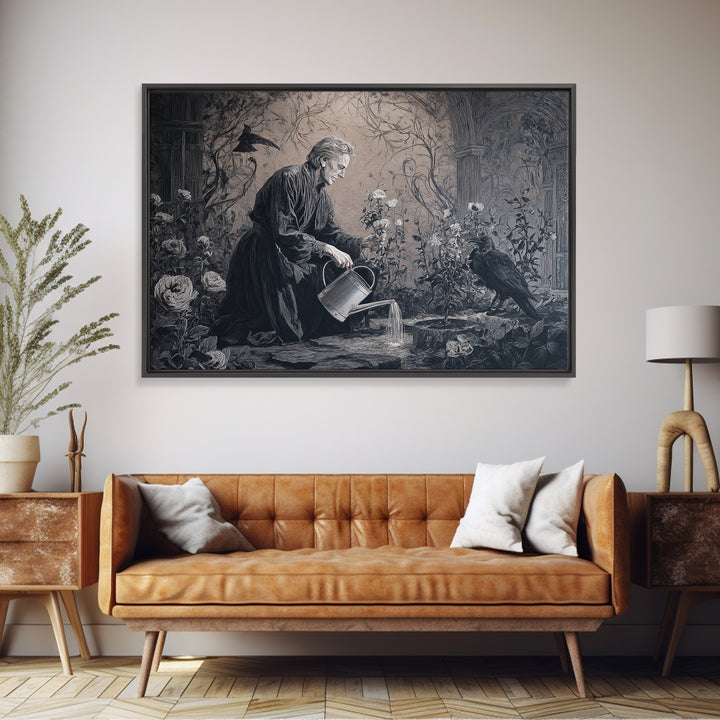 The Graveyard Gardener, Dark Symbolist Art, Landscape Wall Art, Dark Fantasy Wall Art, Framed Canvas Print, Halloween Wall Art
