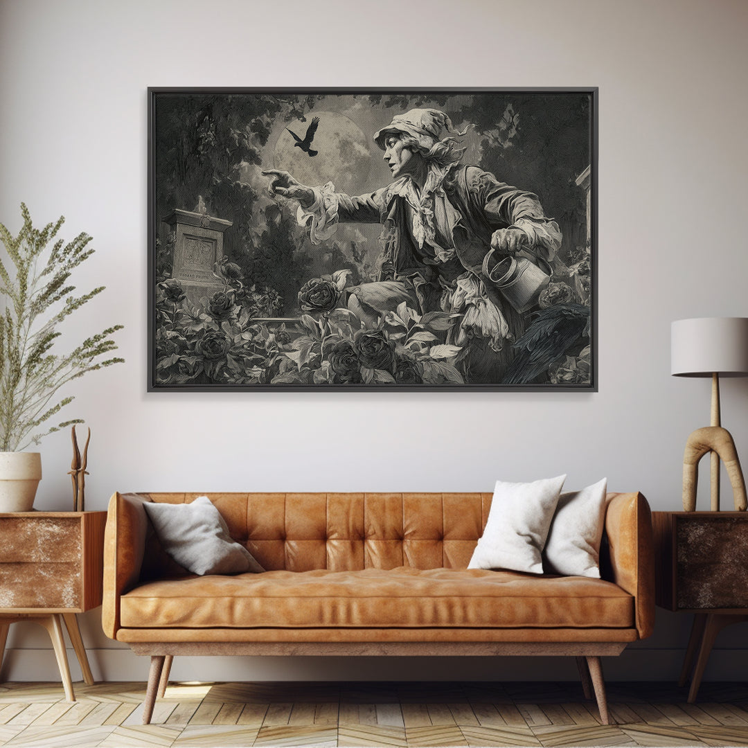 The Graveyard Gardener, Symbolist Etching Art, Landscape Wall Art, Dark Halloween Decor, Canvas Print, Halloween Wall Art