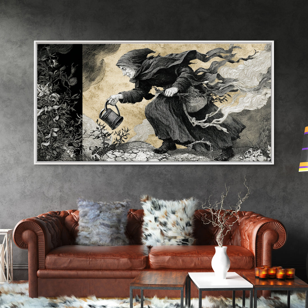 The Graveyard Gardener, Expressionist Nightmare Art, Wide Panoramic Art, Dark Fantasy Wall Art, Framed Canvas Print, Halloween Wall Art