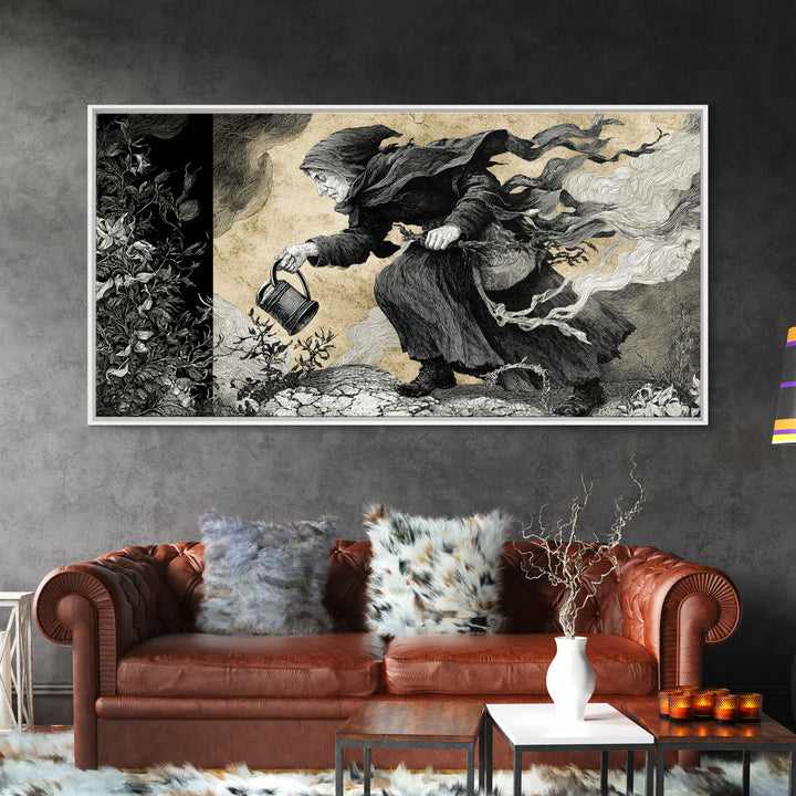 The Graveyard Gardener, Expressionist Nightmare Art, Wide Panoramic Art, Dark Fantasy Wall Art, Framed Canvas Print, Halloween Wall Art