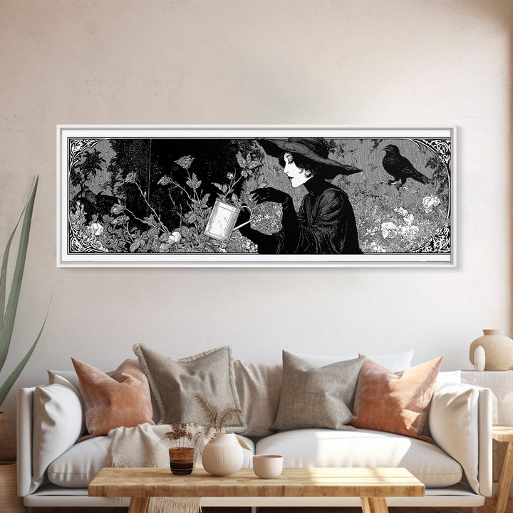 The Graveyard Gardener, Decadent Line Art, Extra Wide Wall Art, Gothic Horror Wall Art, Framed Canvas Print, Halloween Wall Art