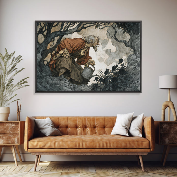 The Graveyard Gardener, Gothic Storybook Art, Landscape Wall Art, Dark Fantasy Wall Art, Canvas Print, Halloween Wall Art