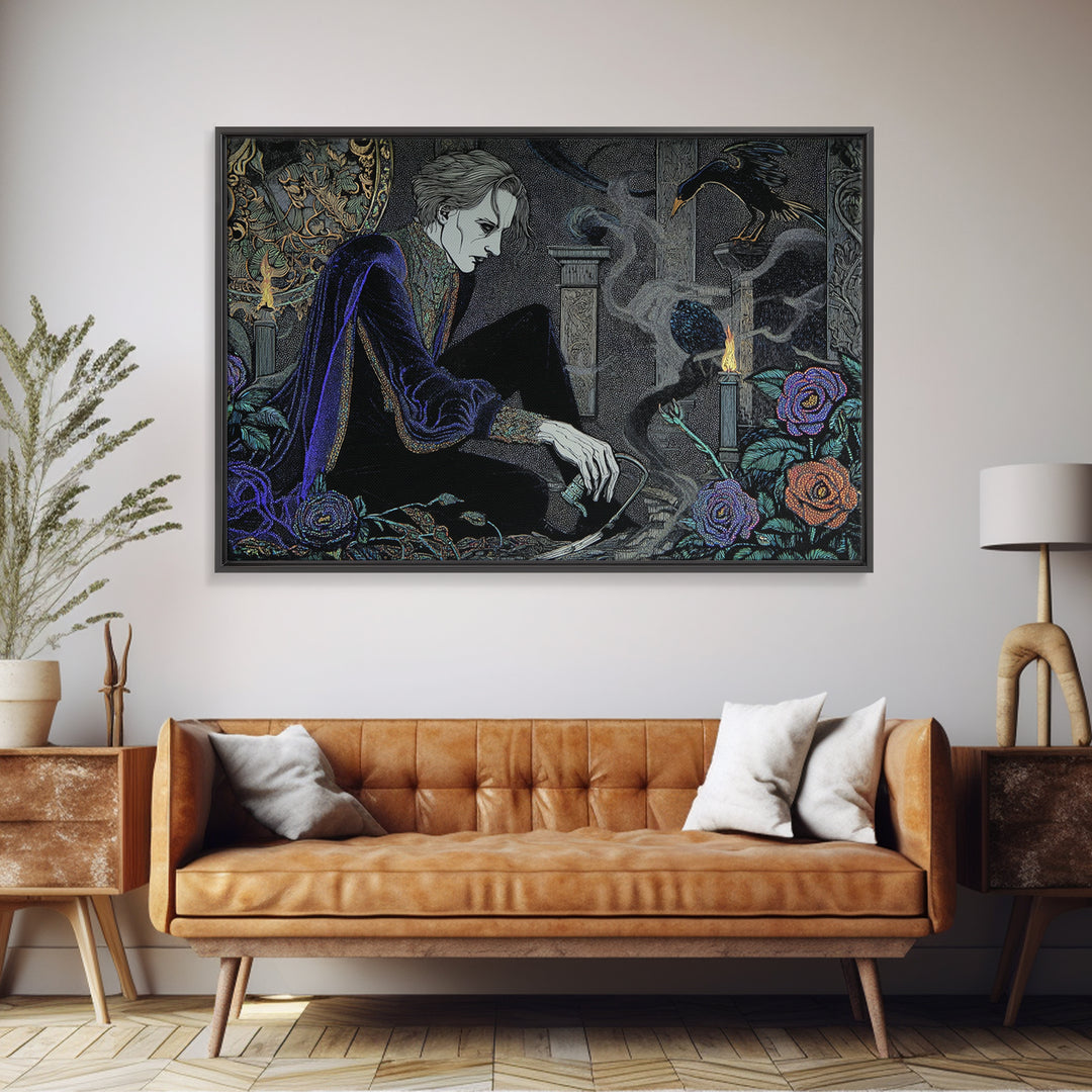 The Graveyard Gardener, Stained Glass Gothic Art, Landscape Wall Art, Macabre Wall Art, Framed Canvas Print, Halloween Wall Art
