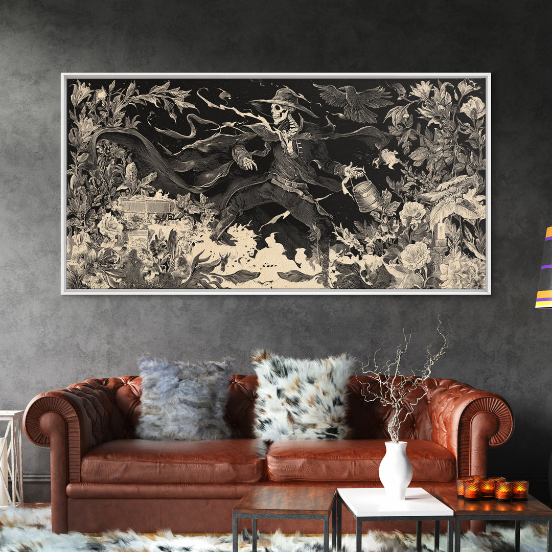 The Graveyard Gardener, Macabre Folk Print Art, Wide Panoramic Art, Macabre Wall Art, Framed Canvas Print, Halloween Wall Art