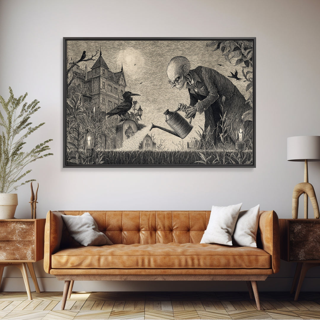 The Graveyard Gardener, Victorian Macabre Art, Landscape Wall Art, Dark Halloween Decor, Framed Canvas Print, Halloween Wall Art